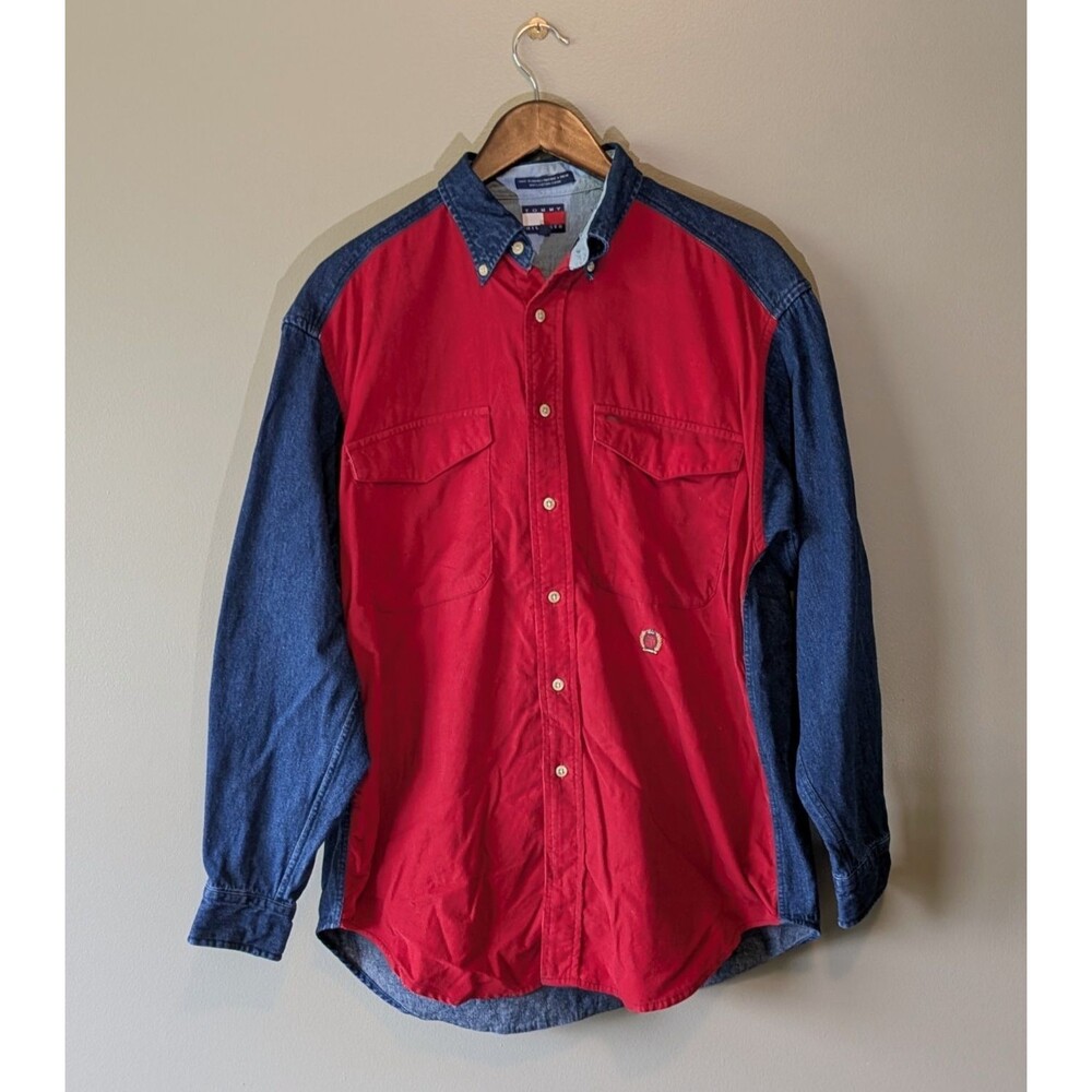 Vintage Tommy Hilfiger Mens Medium 90s Red Corduroy Denim Colorblock Shirt Crest